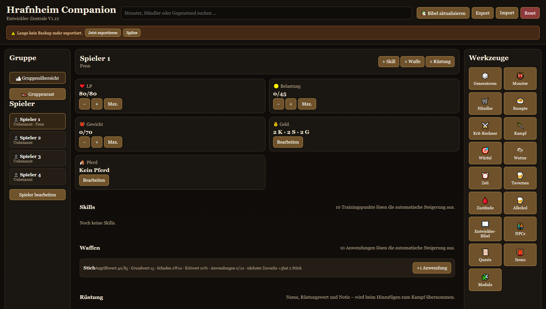 Screenshot der Hrafnheim Spielleiter-Zentrale